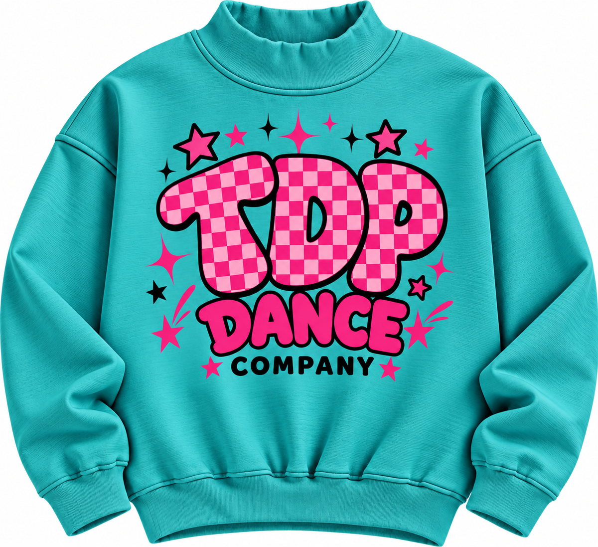 Teal mock neck with pink TDP Dance Company checkerboard and stars graphic