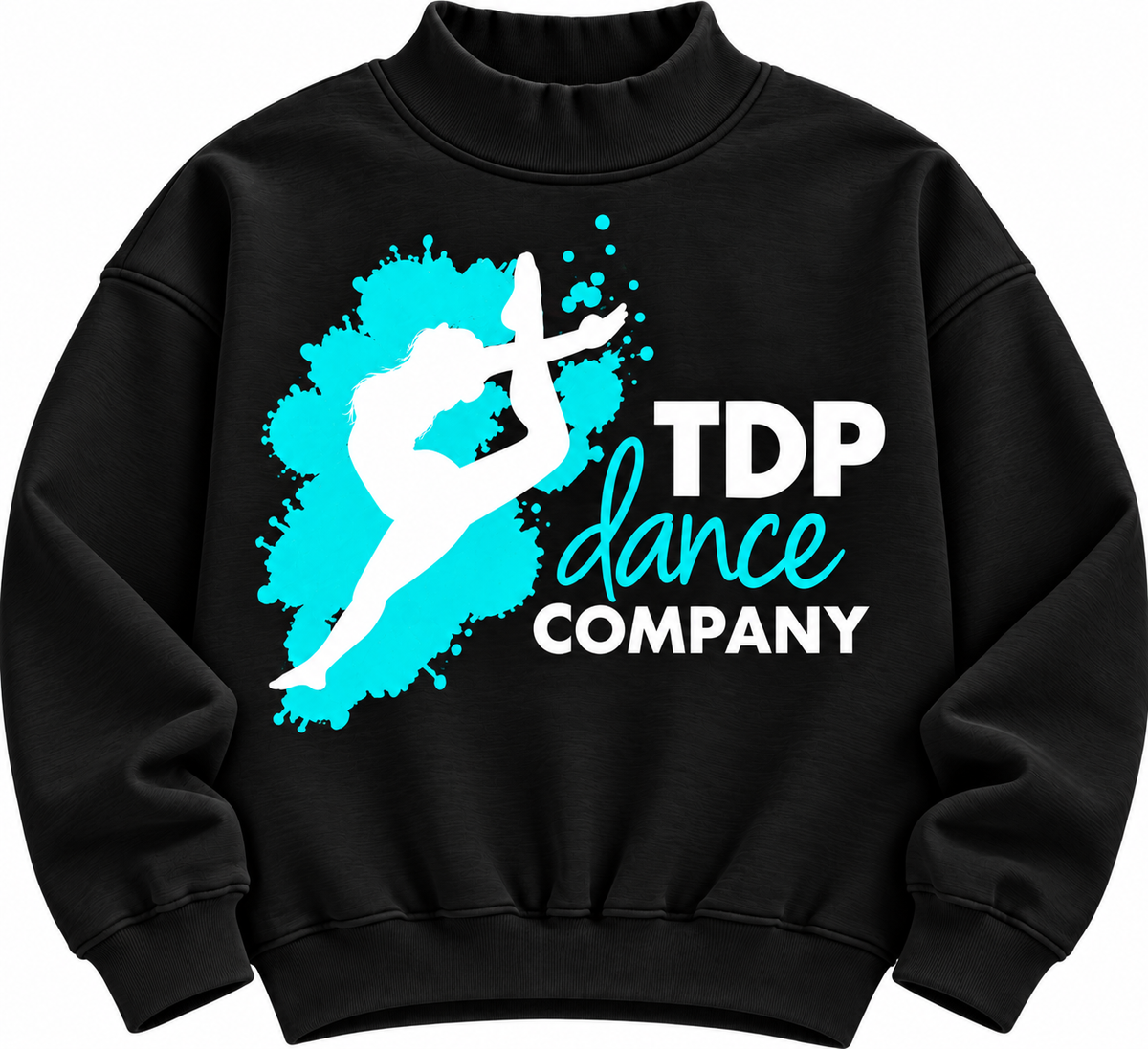 Black TDP Dance Company mock neck with aqua splash and dancer silhouette