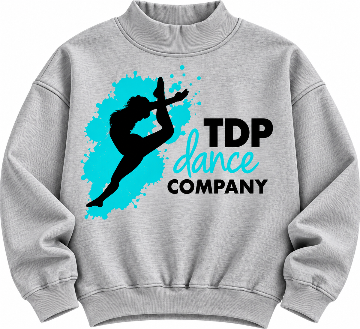 Heather Gray TDP Dance Company mock neck with aqua splash and dancer silhouette