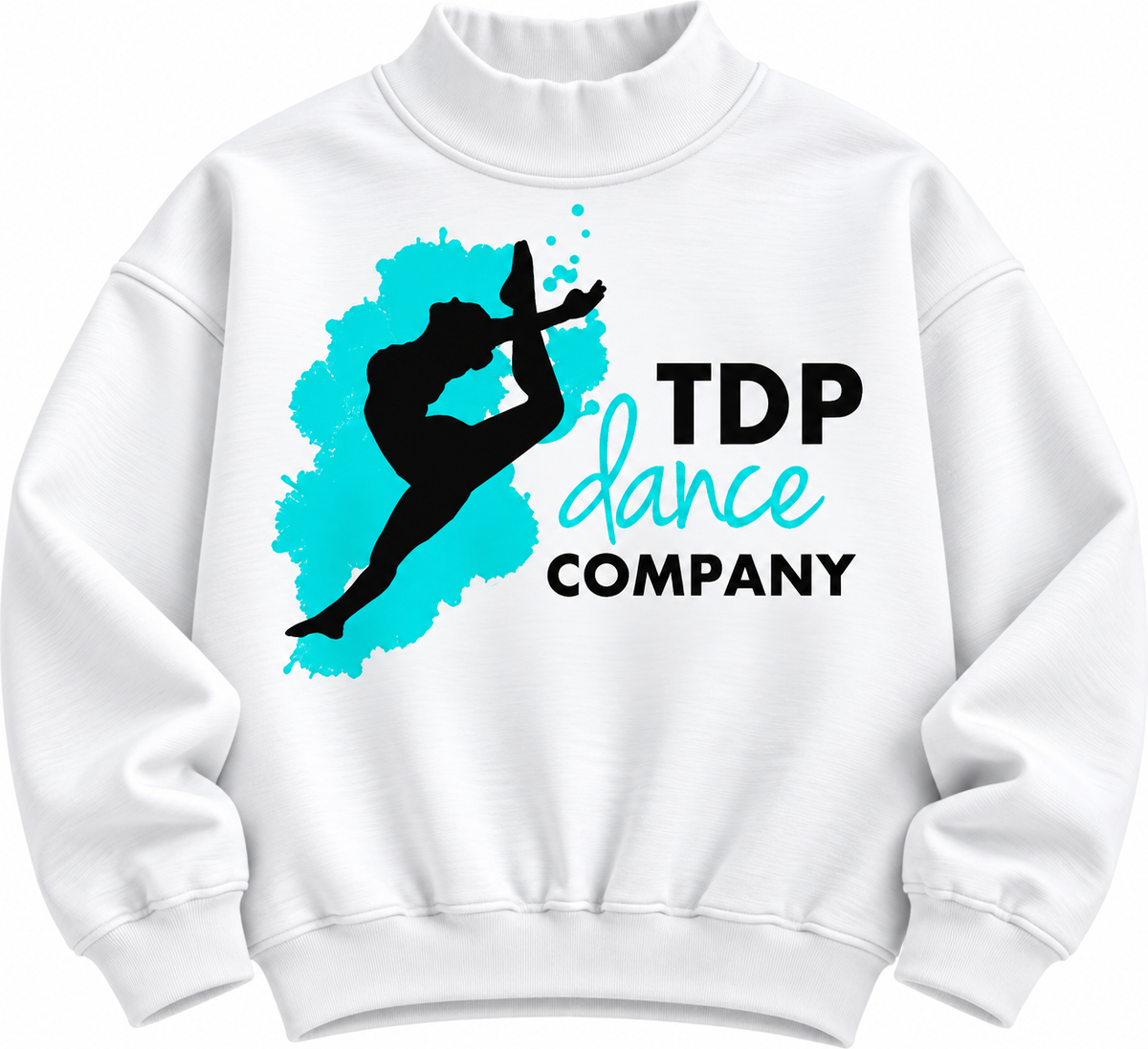 White TDP Dance Company mock neck with aqua splash and dancer silhouette