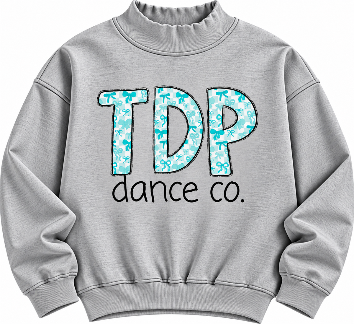 Heather gray TDP Dance Co. mock neck with aqua bow-pattern lettering
