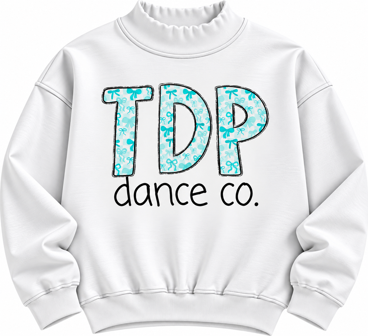 White TDP Dance Co. mock neck with aqua bow-pattern lettering