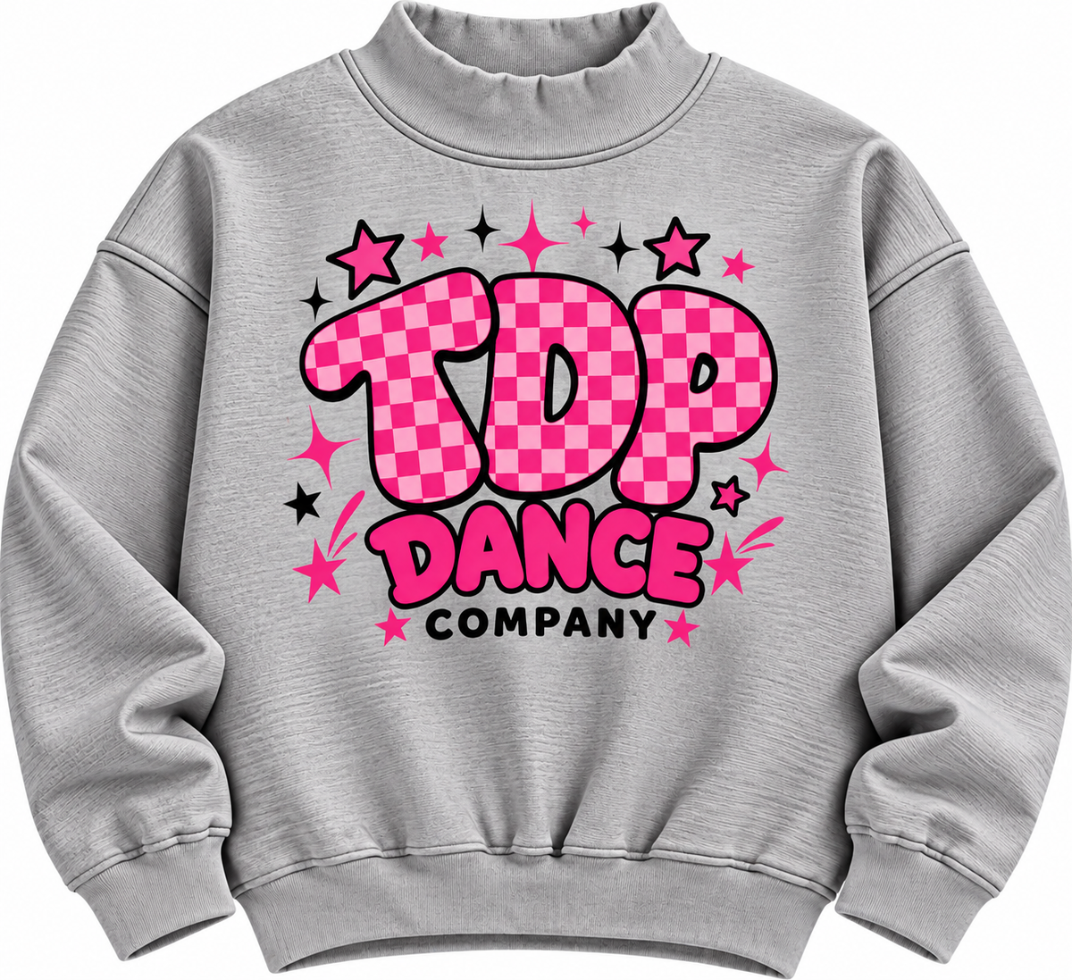 Heather Gray mock neck with pink TDP Dance Company checkerboard and stars graphic