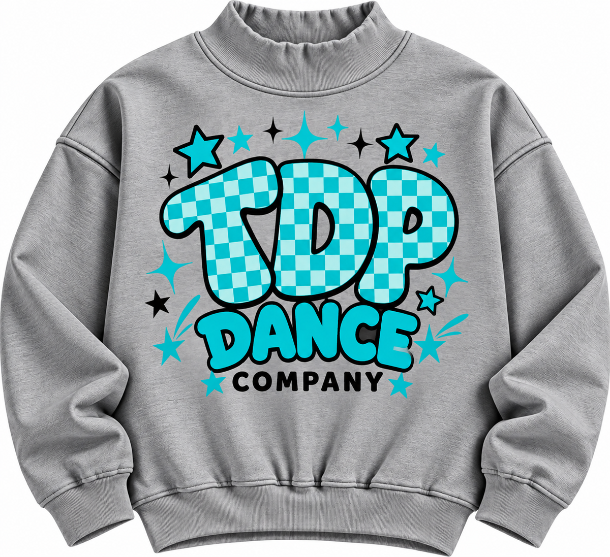 Heather Gray mock neck with teal TDP Dance Company checkerboard and stars graphic