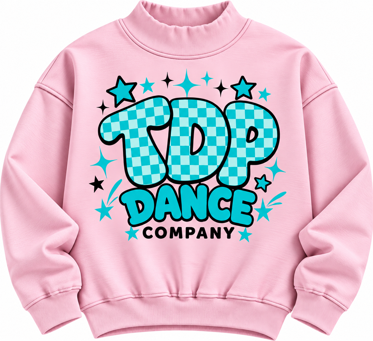 Pink mock neck with teal TDP Dance Company checkerboard and stars graphic