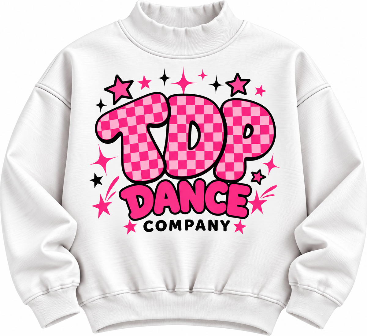 White mock neck with pink TDP Dance Company checkerboard and stars graphic