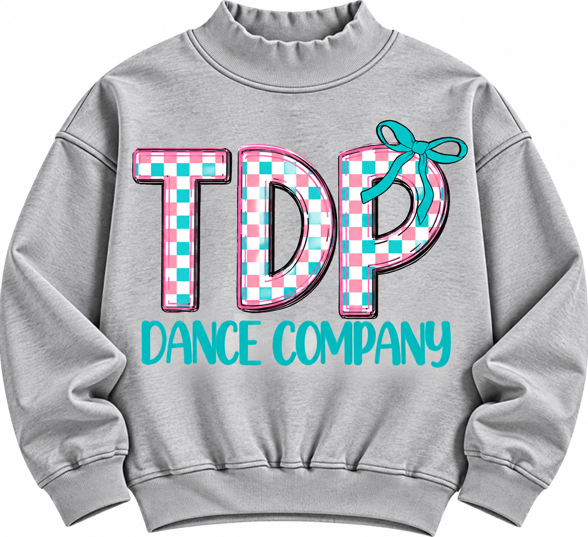 Heather gray TDP Checkered Bow Mock Neck with pink and teal checks and teal bow