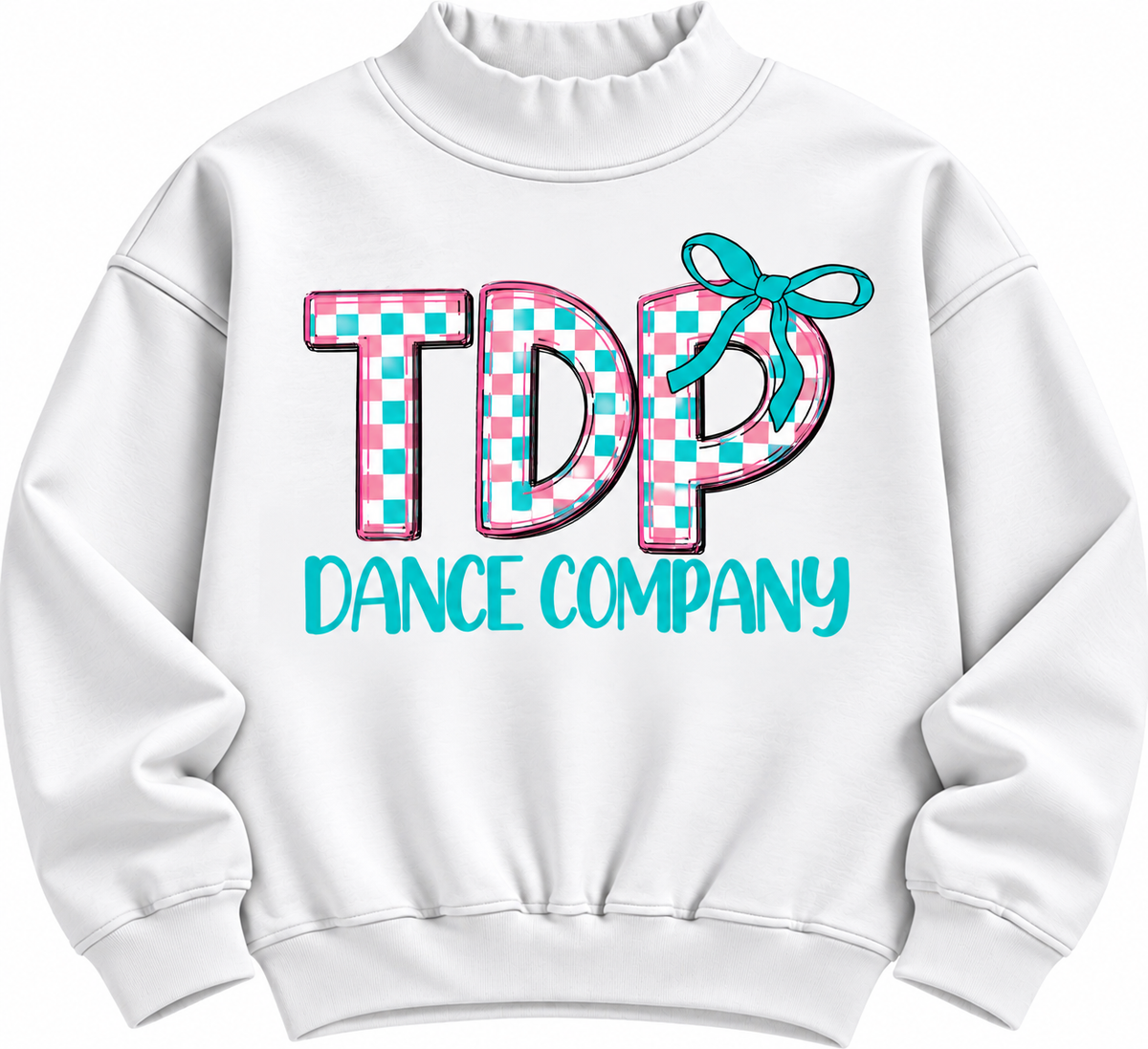White TDP Checkered Bow Mock Neck with pink and teal checks and teal bow
