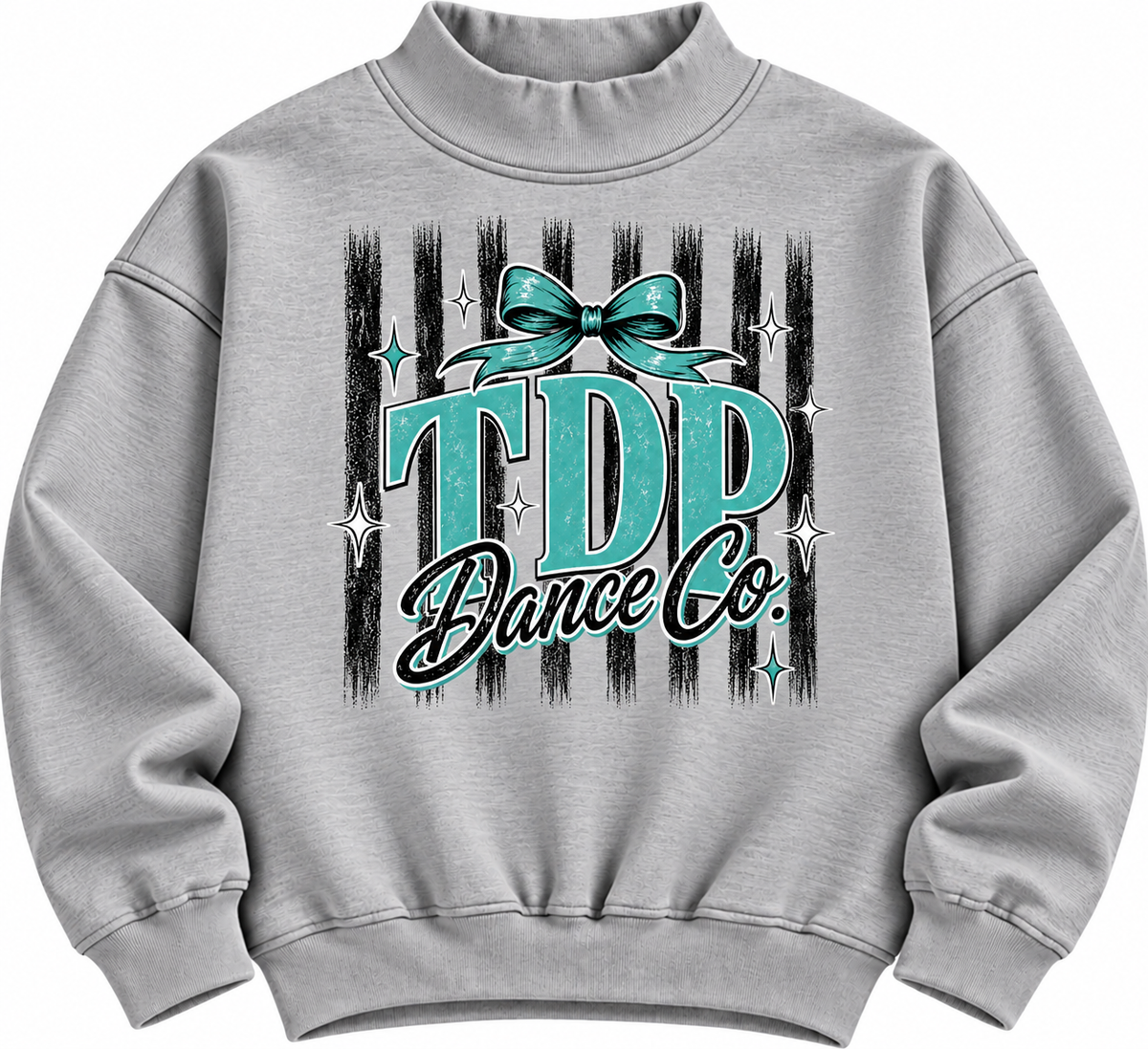 Heather gray TDP Dance Co. sweatshirt with teal bow graphic