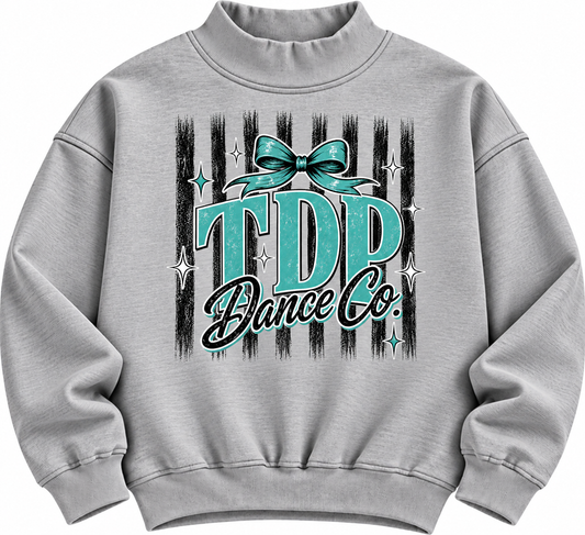 Heather gray TDP Dance Co. sweatshirt with teal bow graphic