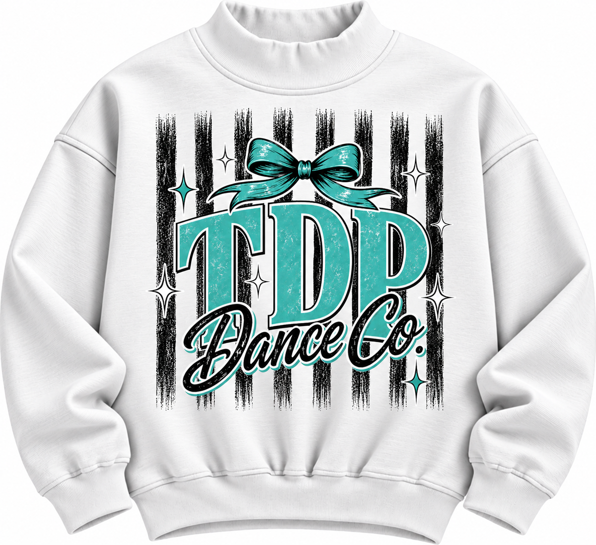 White TDP Dance Co. sweatshirt with teal bow graphic