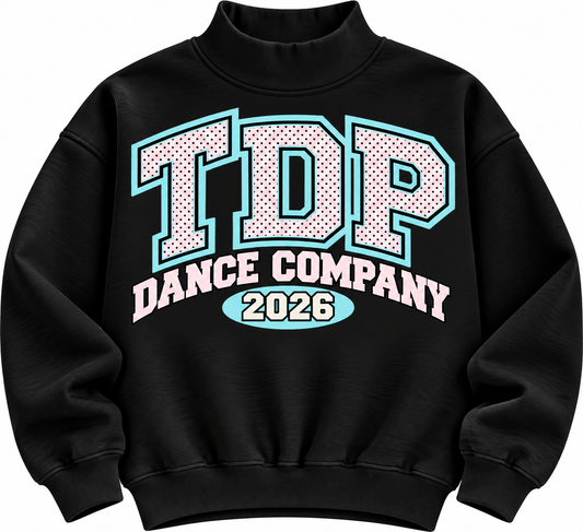 Black TDP Dance Company 2026 mock neck with pink polka-dot varsity lettering and aqua outlines