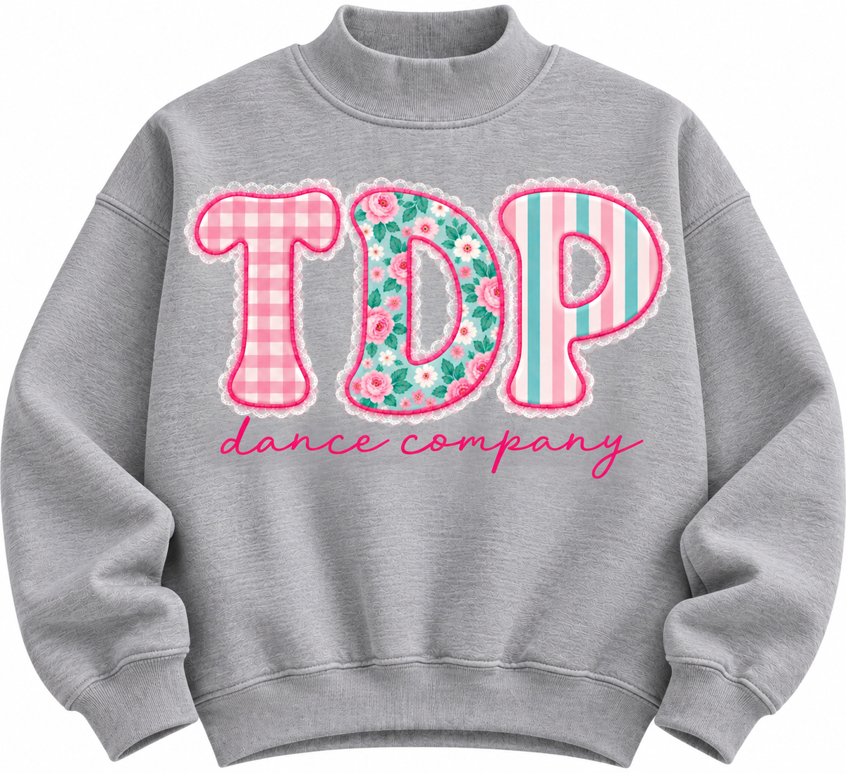 Heather gray TDP Floral Patchwork Mock Neck with gingham, floral and striped lettering