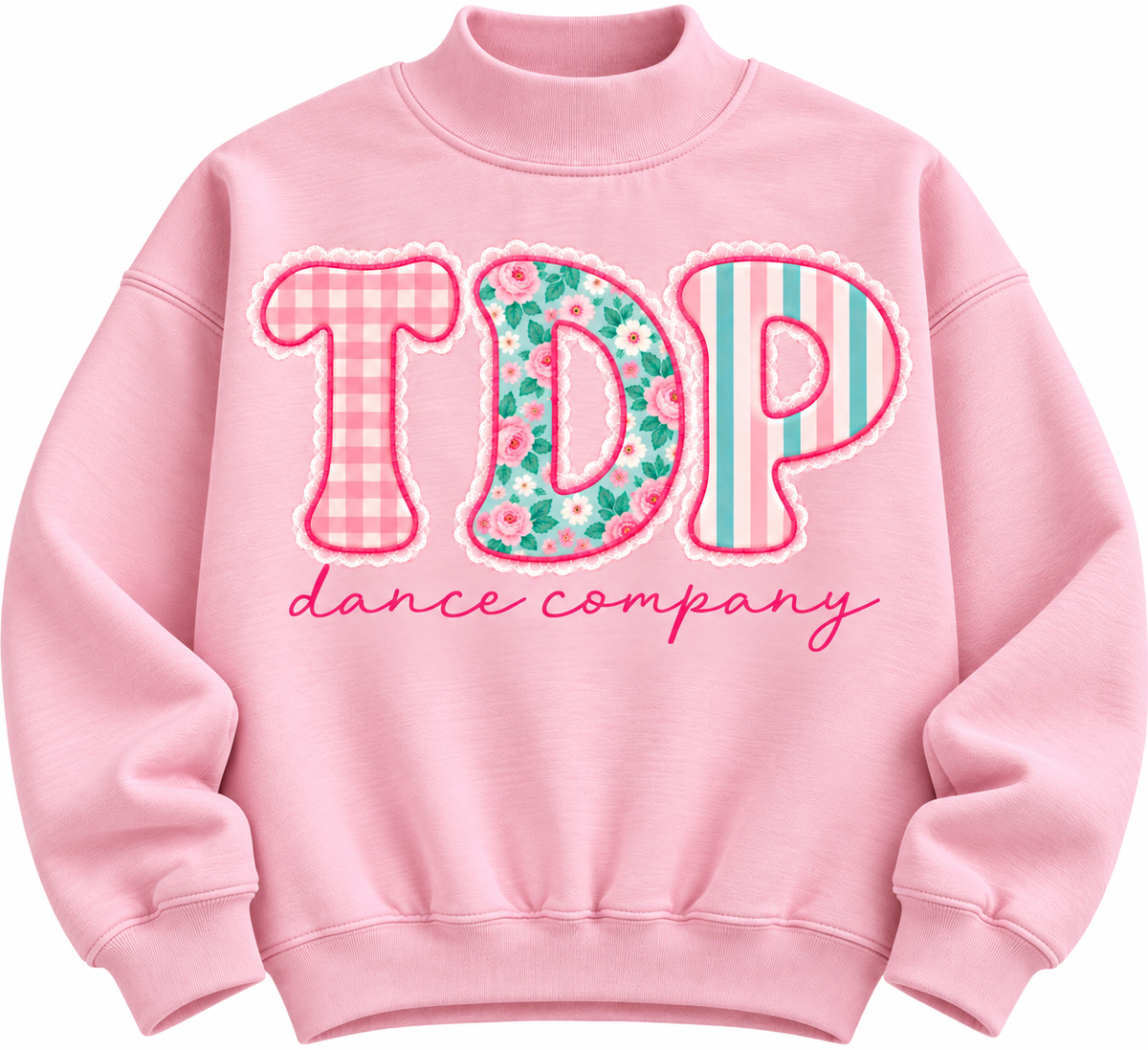 Pink TDP Floral Patchwork Mock Neck with gingham, floral and striped lettering