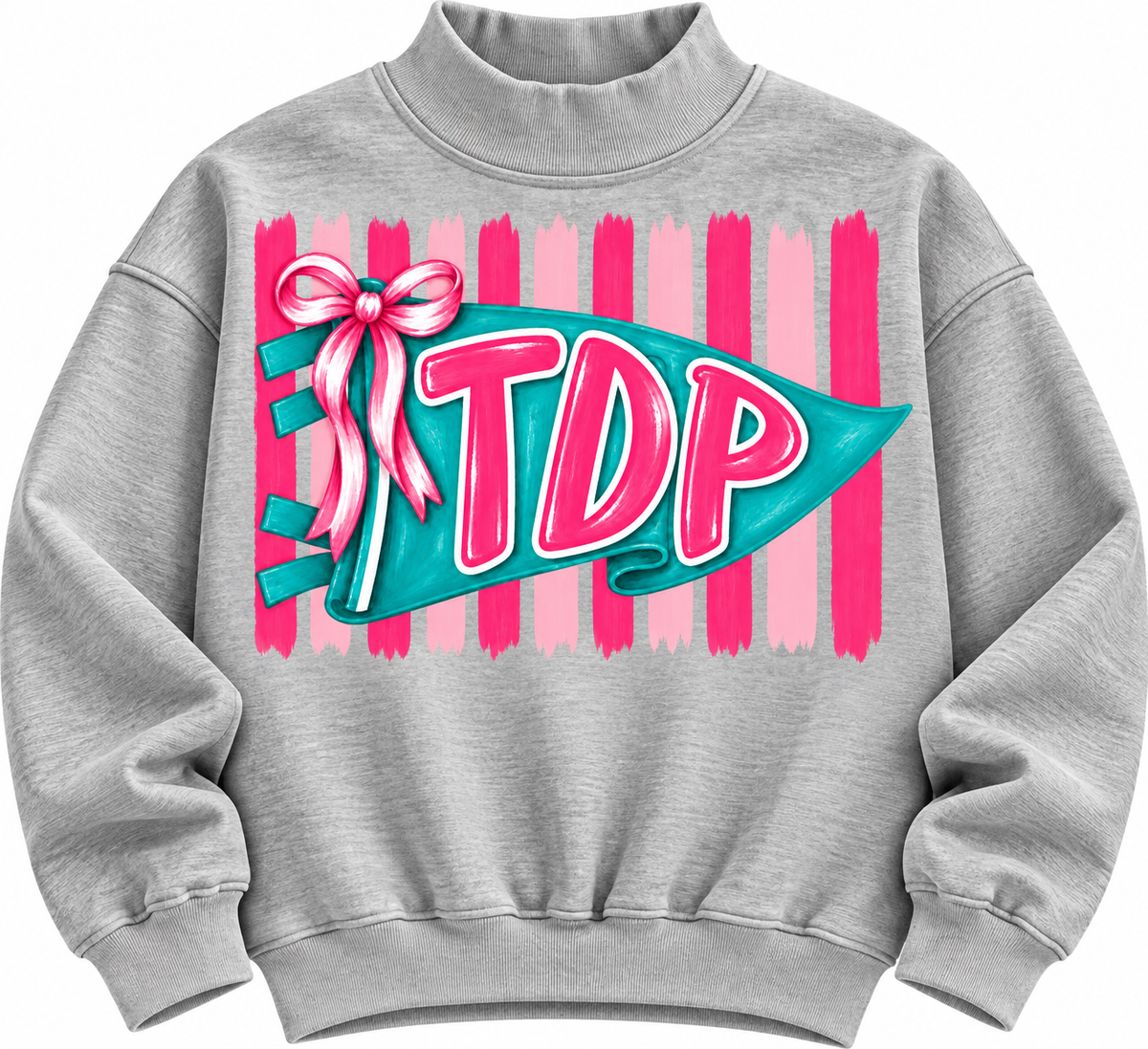 Heather Gray TDP Pennant Bow Mock Neck with teal pennant and pink bow and stripes