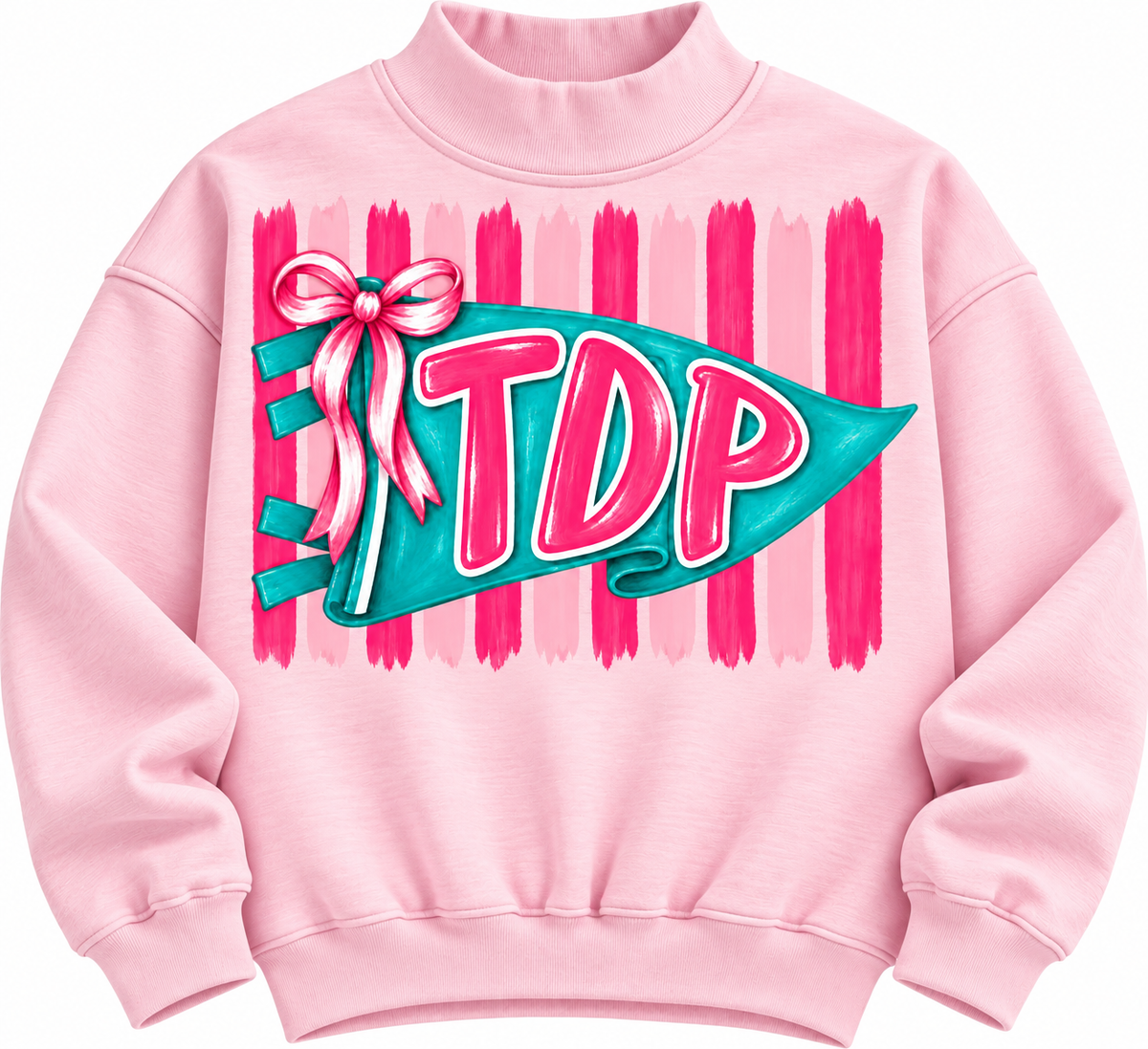 Pink TDP Pennant Bow Mock Neck with teal pennant and pink bow and stripes