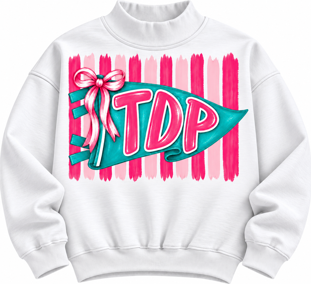 White TDP Pennant Bow Mock Neck with teal pennant and pink bow and stripes