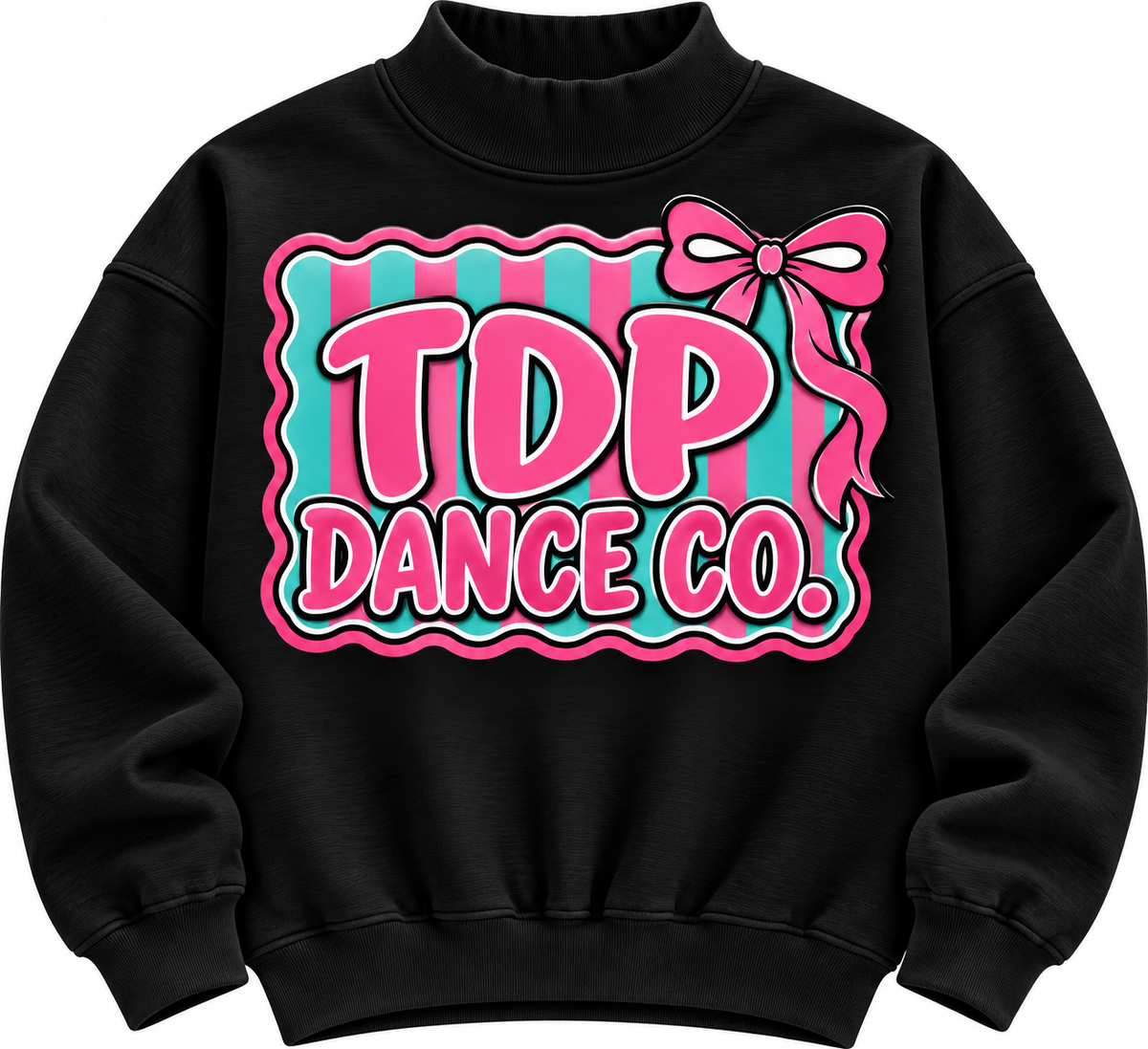 Black TDP Dance Co. mock neck with pink bow and pink and teal striped graphic