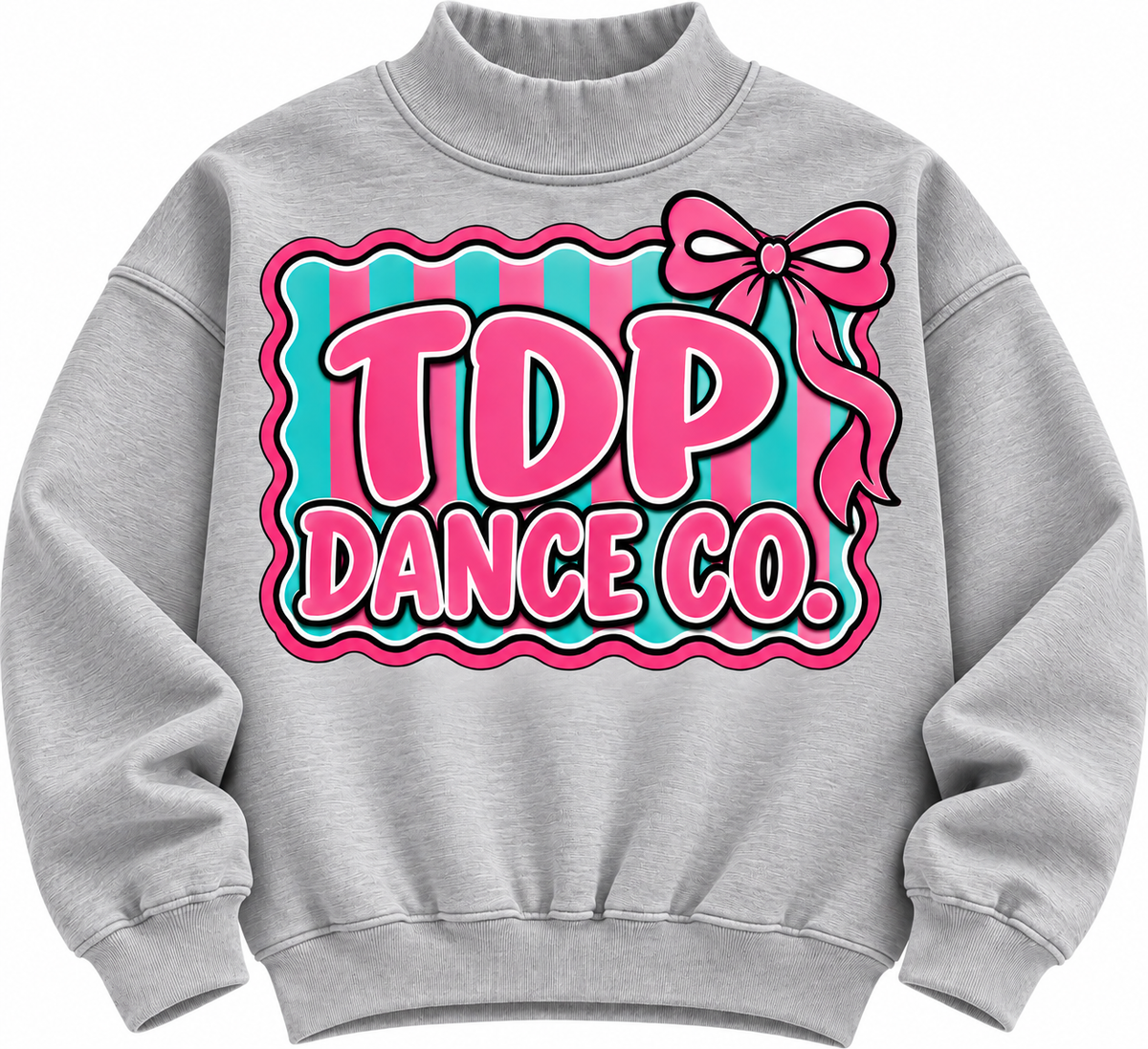 Heather Gray TDP Dance Co. mock neck with pink bow and pink and teal striped graphic
