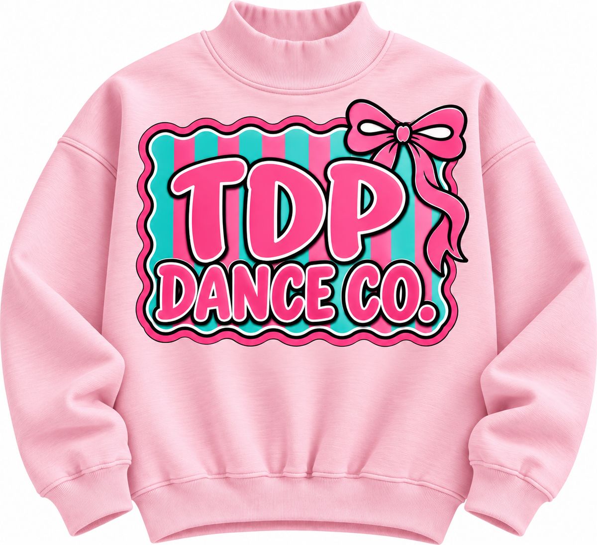 Pink TDP Dance Co. mock neck with pink bow and pink and teal striped graphic