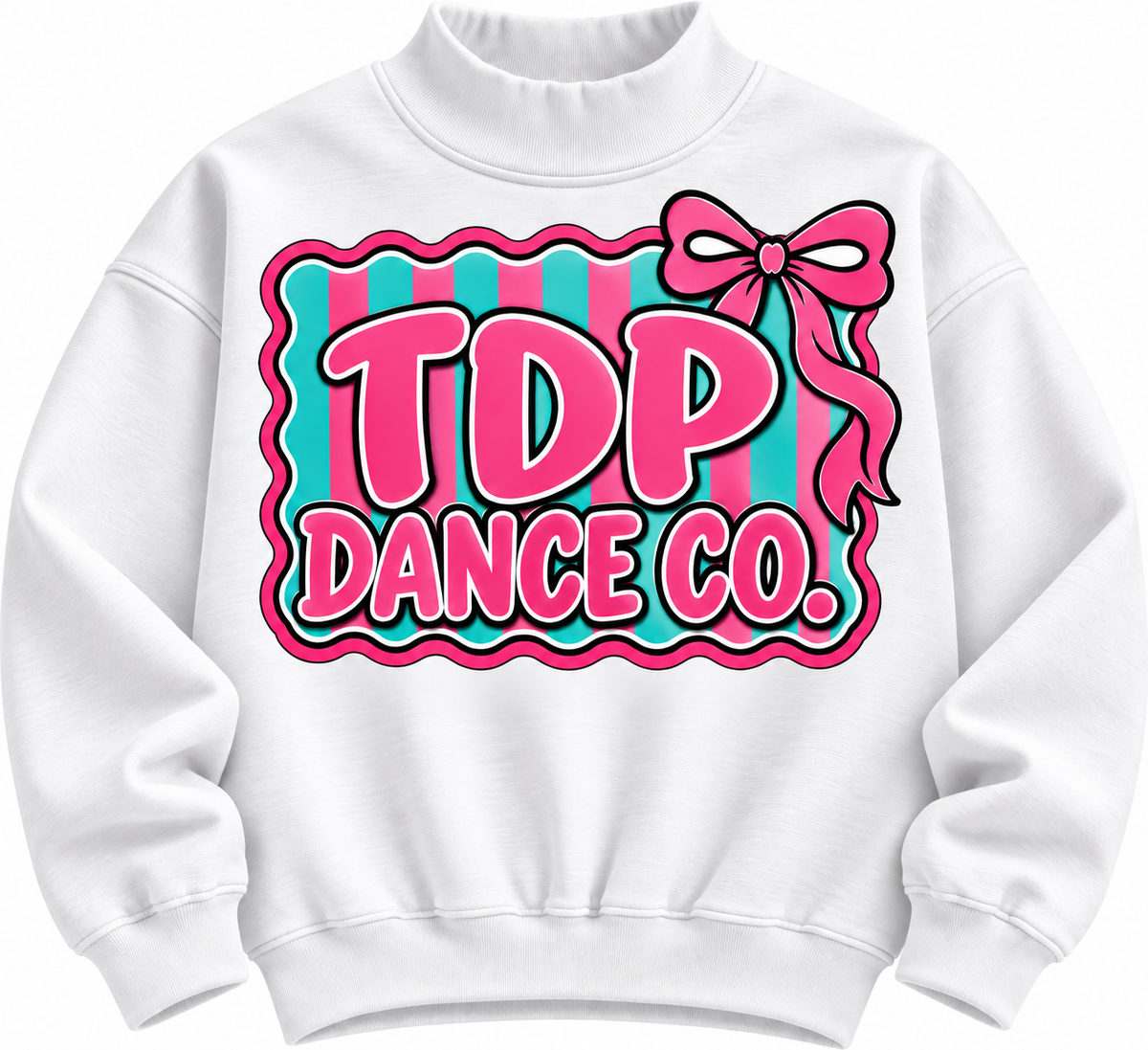 White TDP Dance Co. mock neck with pink bow and pink and teal striped graphic