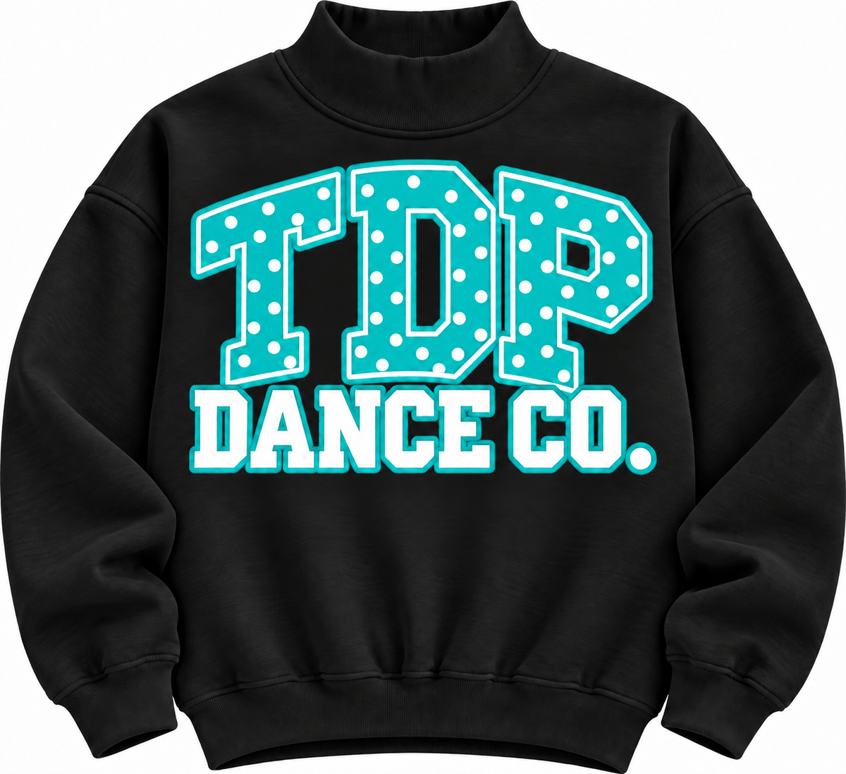Black mock neck with blue polka-dot TDP Dance Co. varsity graphic