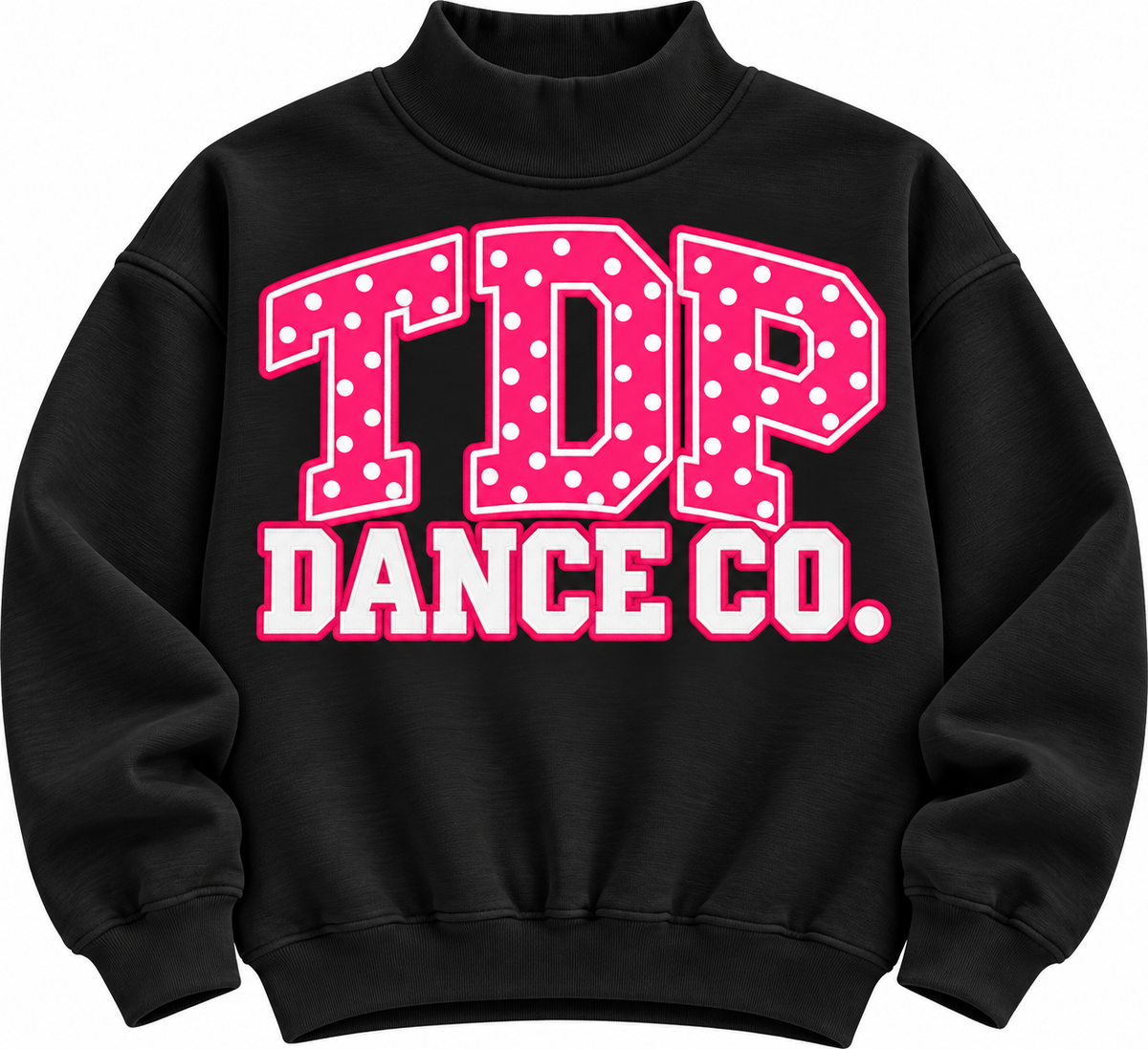 Black mock neck with pink polka-dot TDP Dance Co. varsity graphic