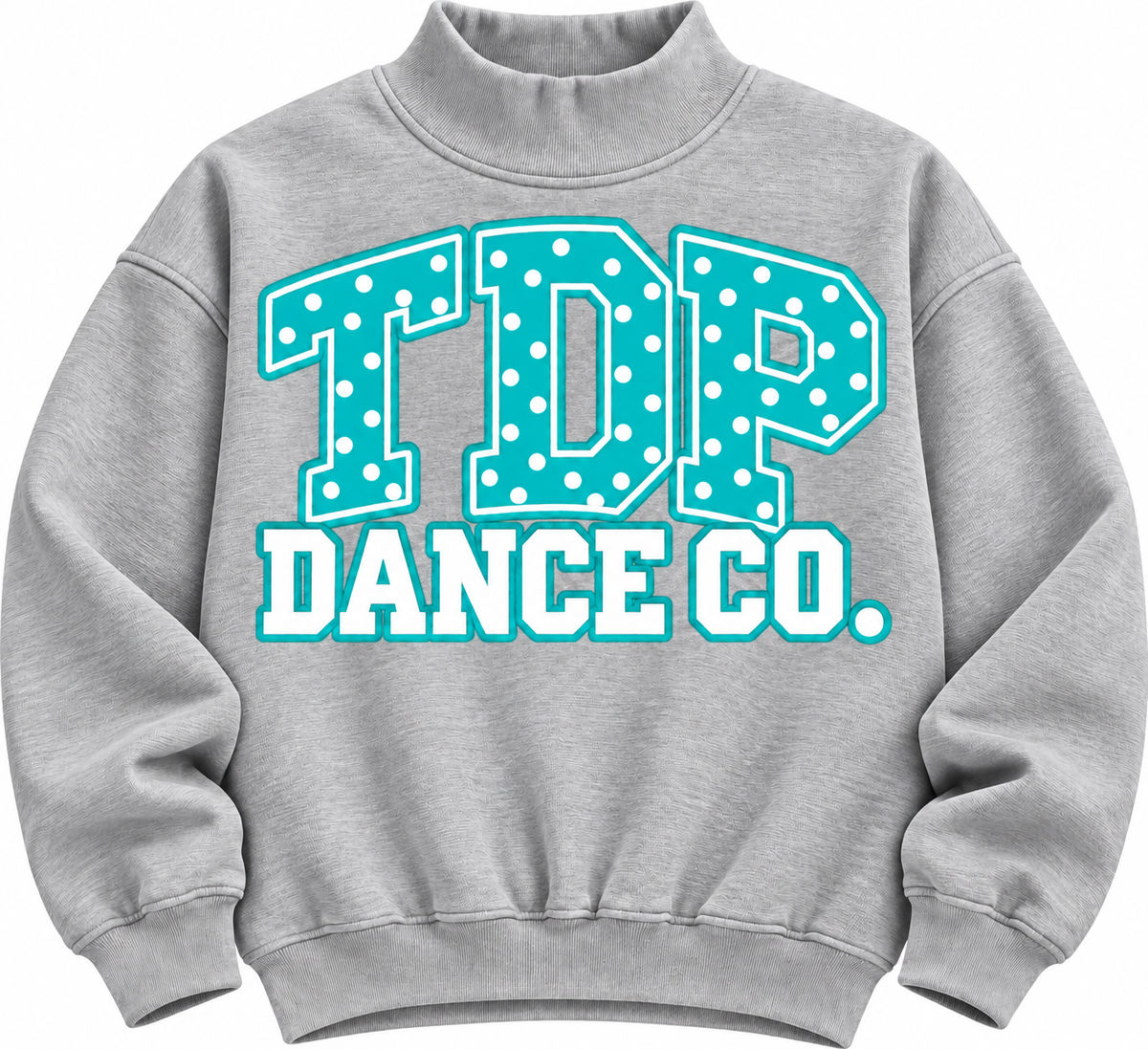 Heather Gray mock neck with blue polka-dot TDP Dance Co. varsity graphic