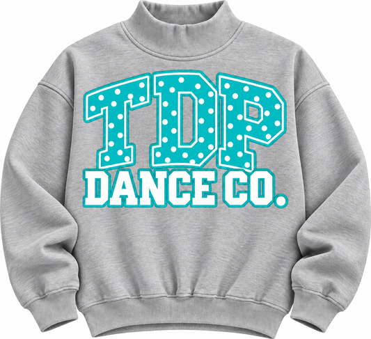Heather Gray mock neck with blue polka-dot TDP Dance Co. varsity graphic