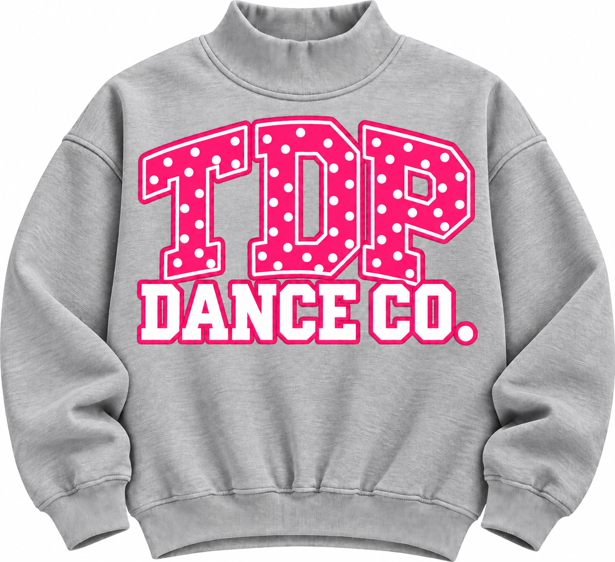 Heather Gray mock neck with pink polka-dot TDP Dance Co. varsity graphic