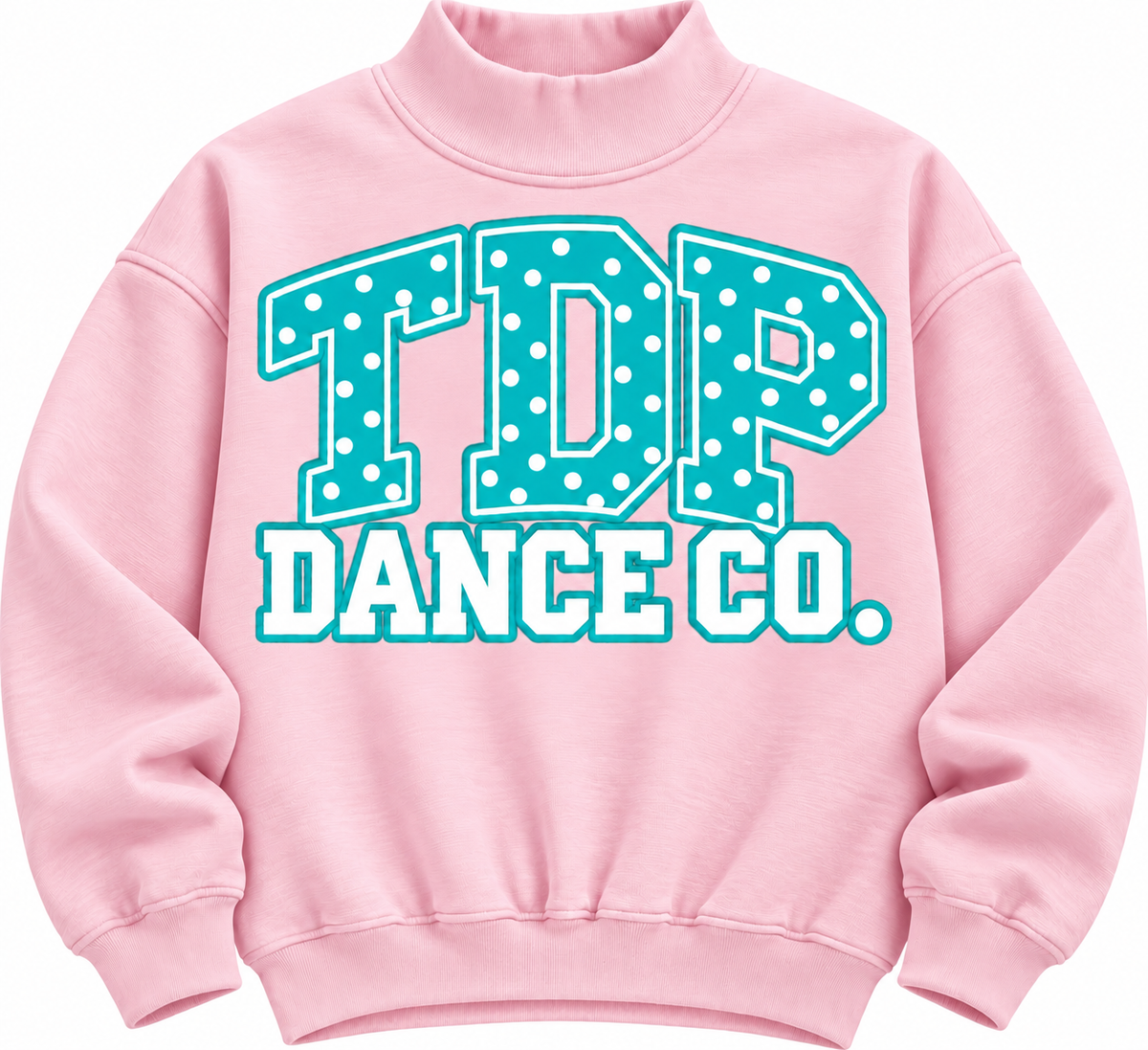 Pink mock neck with blue polka-dot TDP Dance Co. varsity graphic