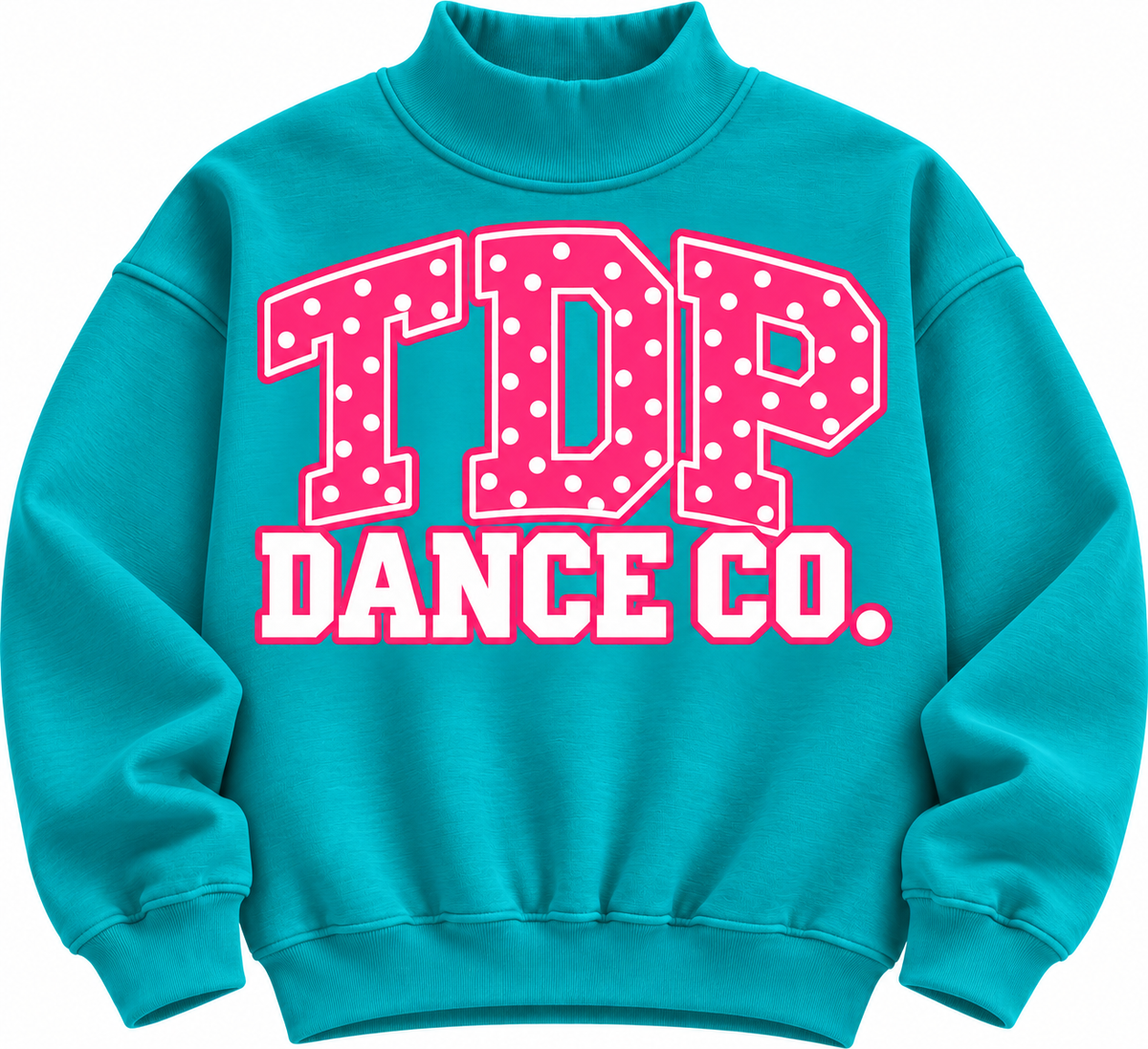 Teal mock neck with pink polka-dot TDP Dance Co. varsity graphic