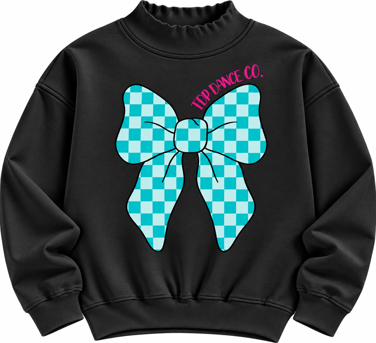 Black mock neck with teal checkerboard bow and pink TDP Dance Co. lettering