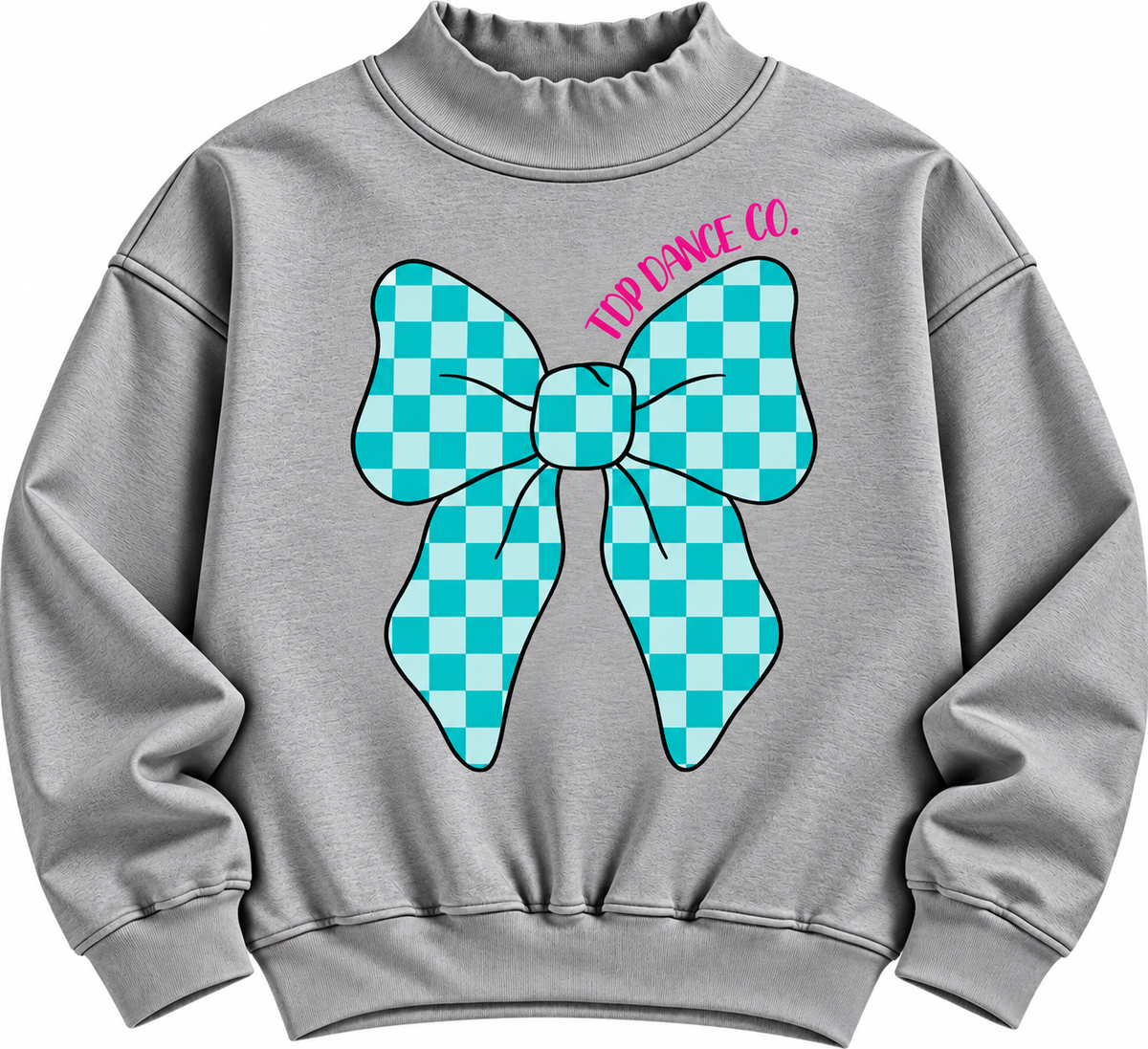 Heather Gray mock neck with teal checkerboard bow and pink TDP Dance Co. lettering