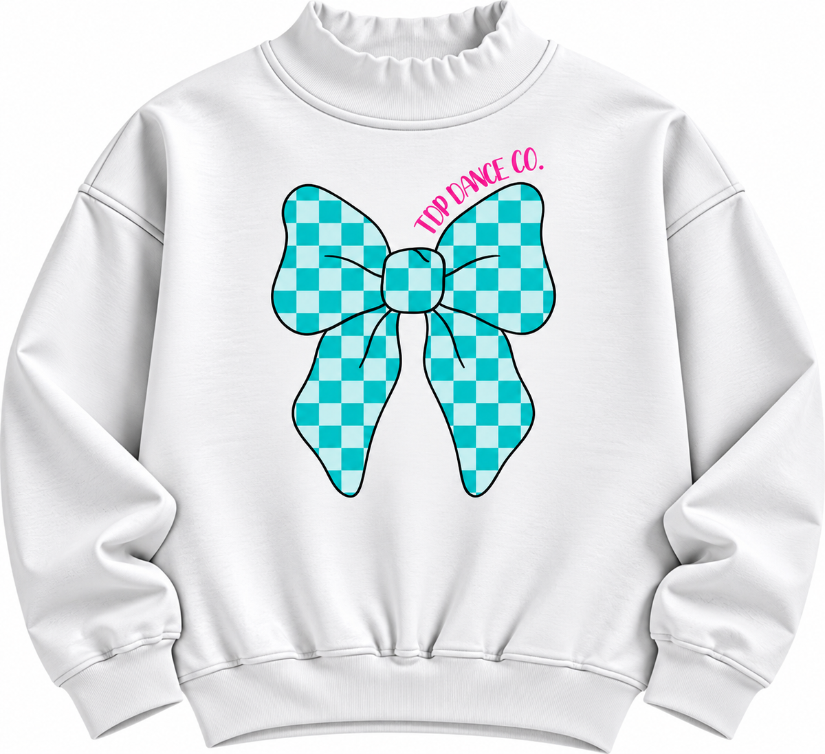 White mock neck with teal checkerboard bow and pink TDP Dance Co. lettering